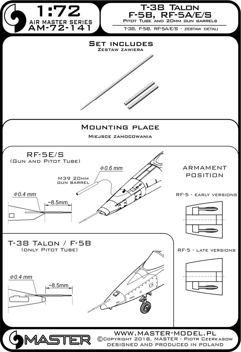 1/72 T-38, F-5B, RF-5A/E/S 空速管与金属炮管