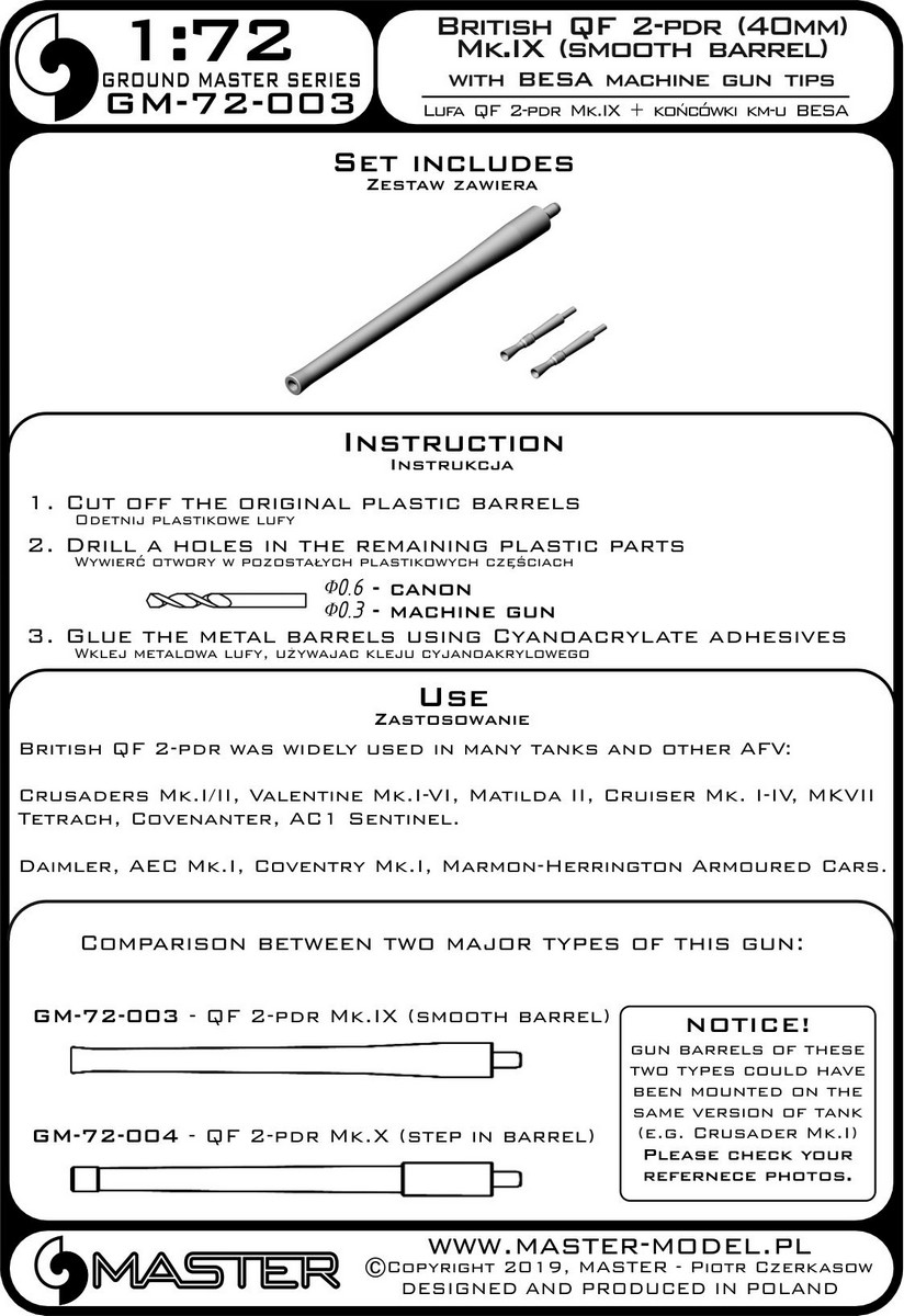 1/72 2磅(40mm) QF Mk.IX型坦克炮与贝莎机枪金属炮管